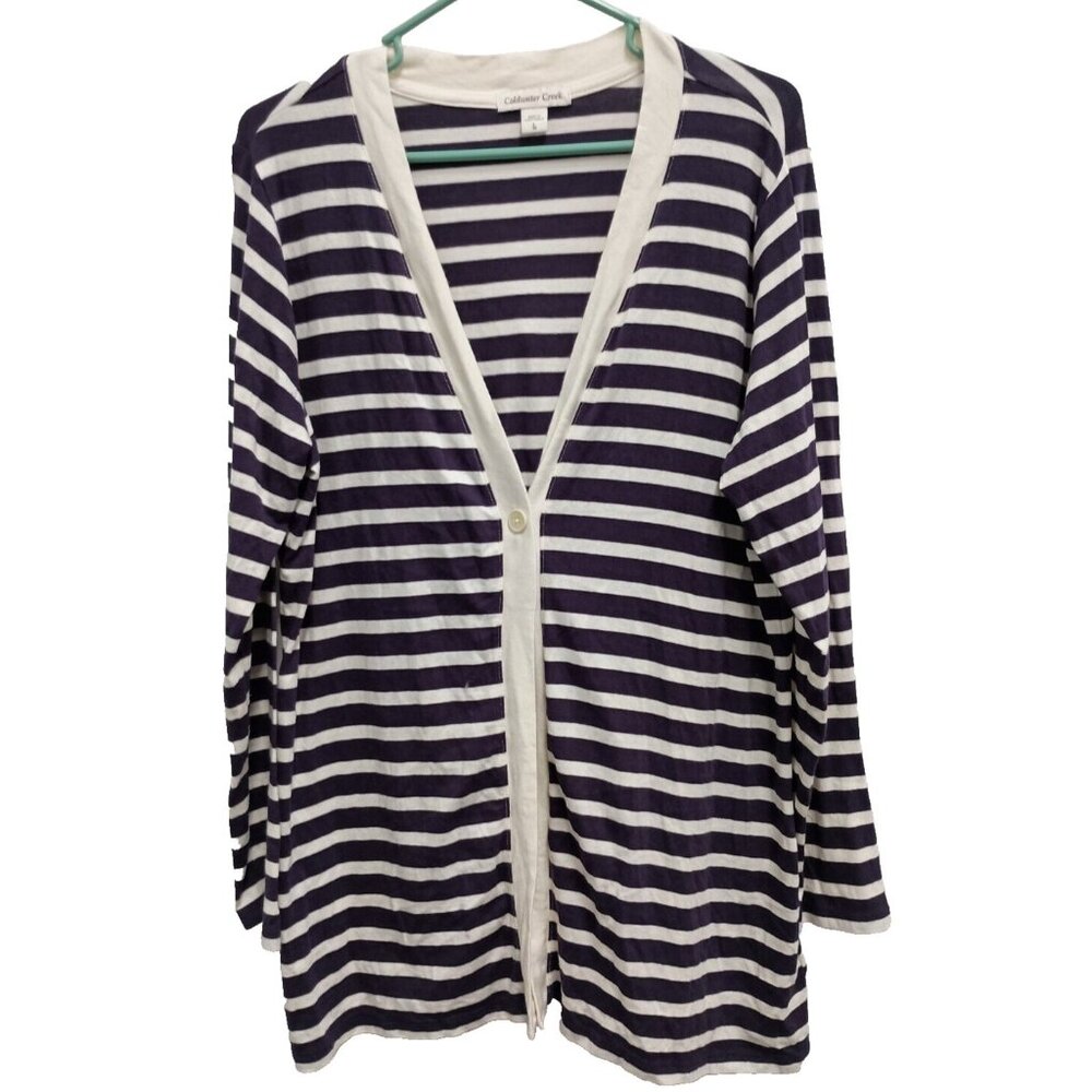 Coldwater Creek Cardigan Womens Large Purple Cream Striped One Button Preppy